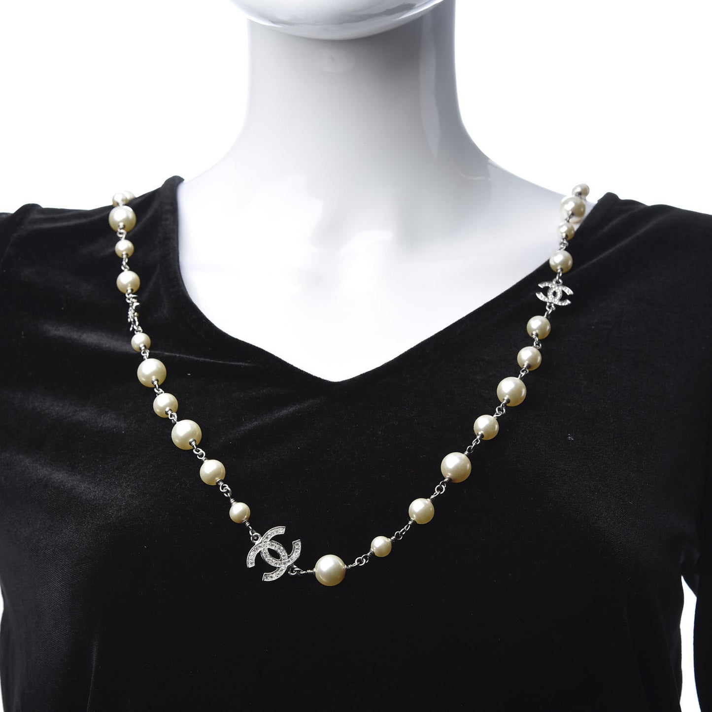 Graduated Pearl Crystal CC Long Necklace Silver