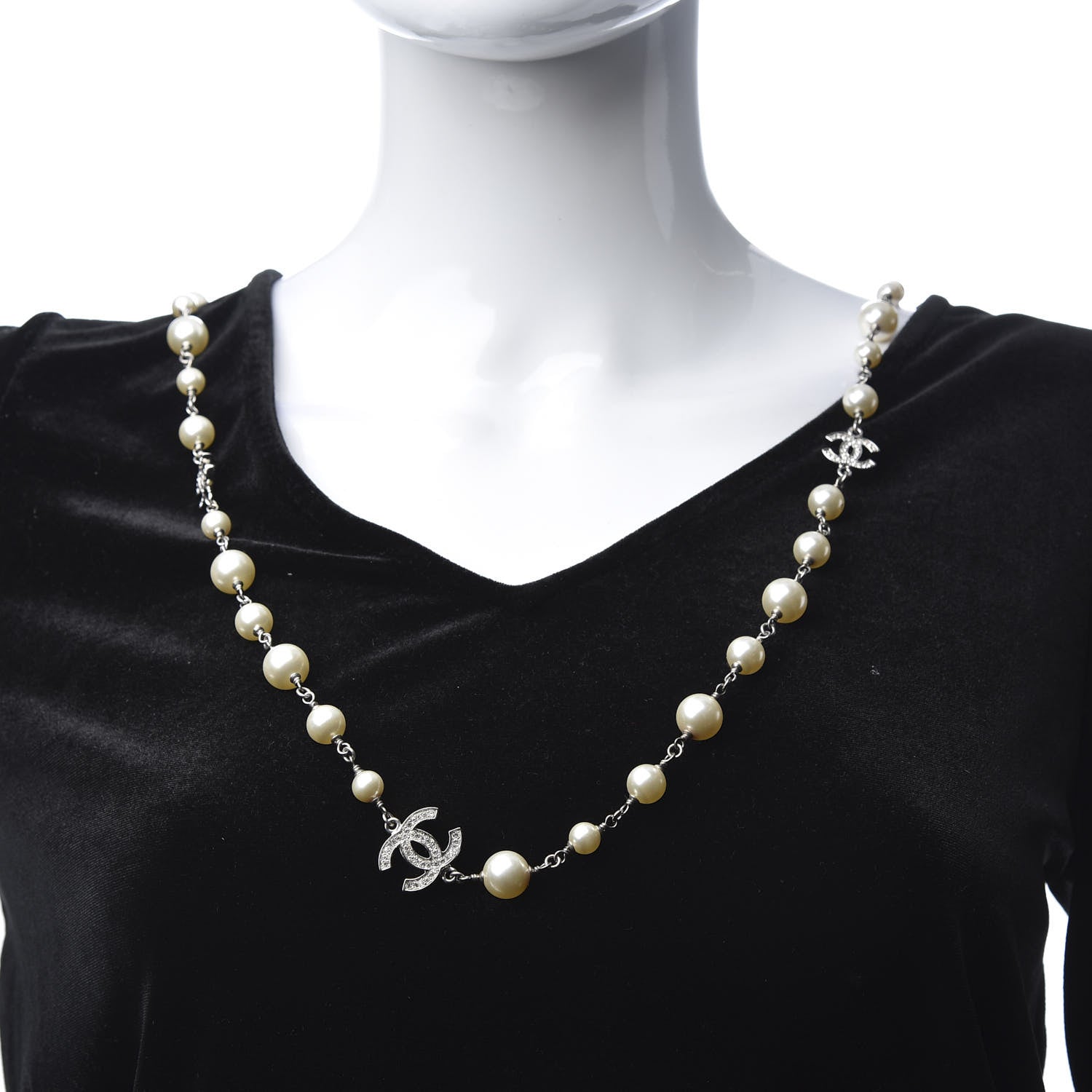 Chanel Graduated Pearl Crystal CC Long Necklace Silver 2 of 5
