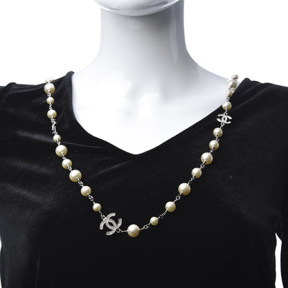 Chanel Graduated Pearl Crystal CC Long Necklace Silver 2 of 5