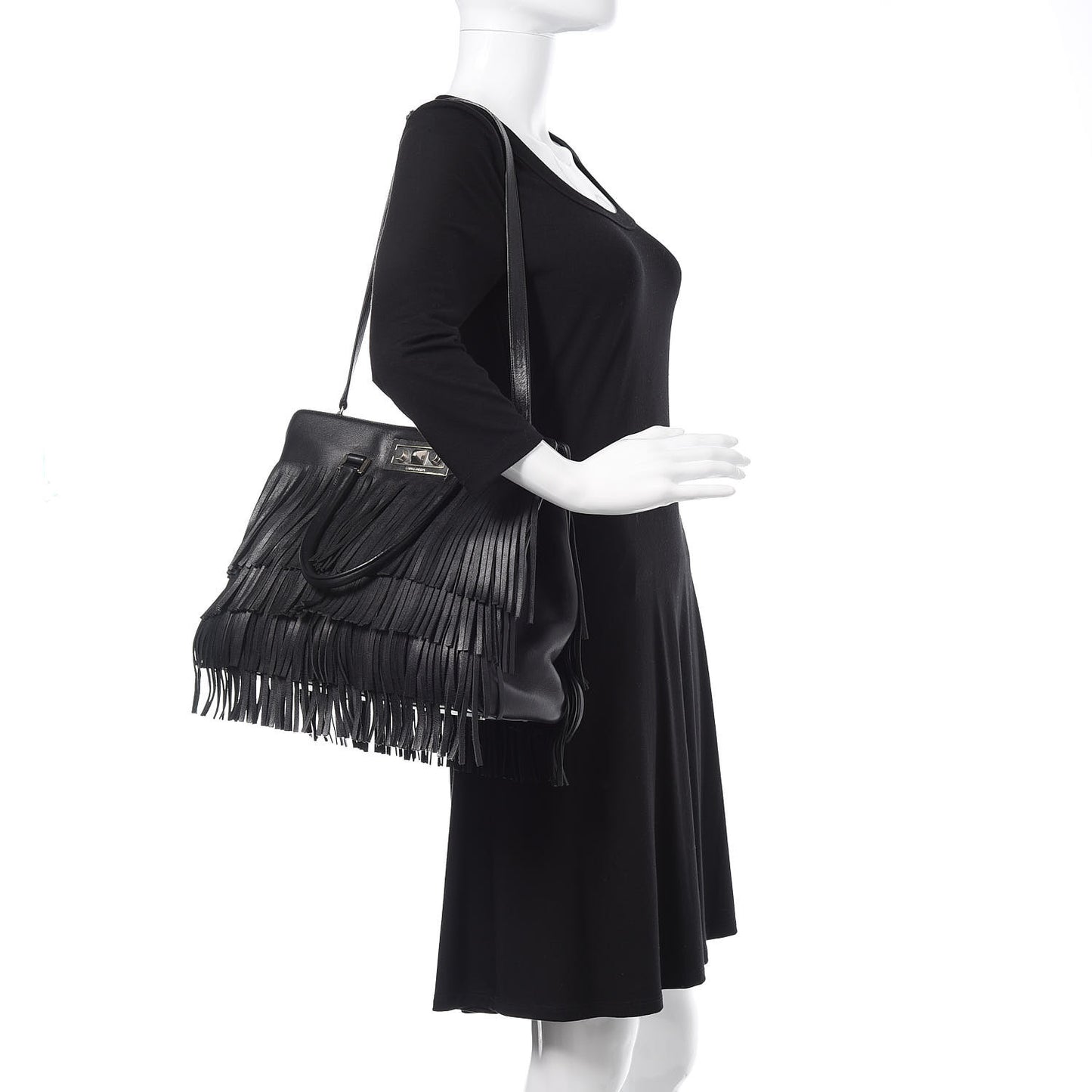 Calfskin Fringe Medium Trois Clous Tote Black