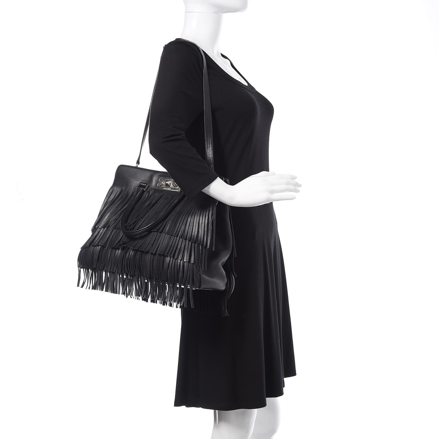 Saint Laurent Calfskin Fringe Medium Trois Clous Tote Black 2 of 12