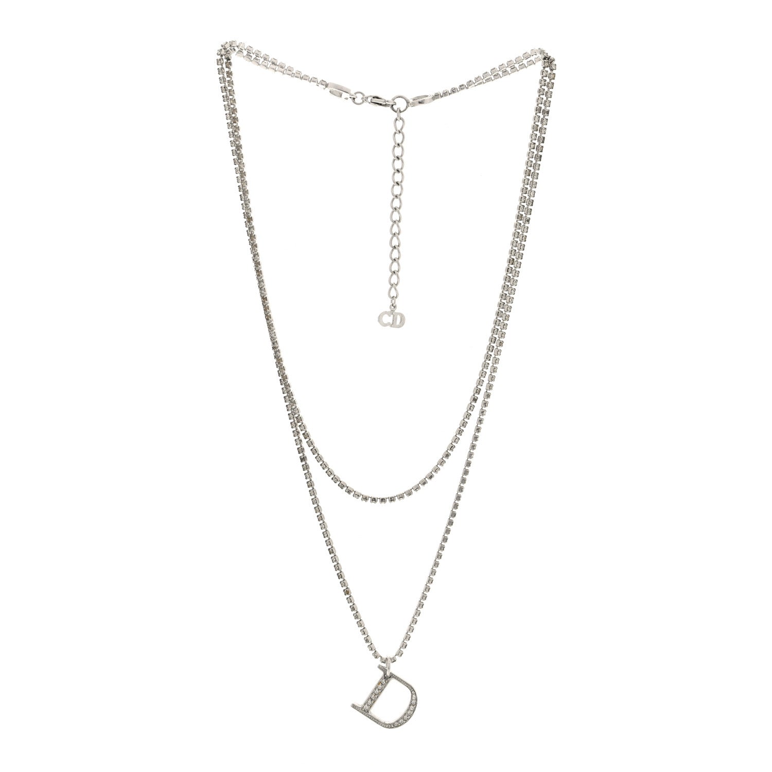 Christian Dior Crystal D Double Chain Necklace Silver 3 of 4