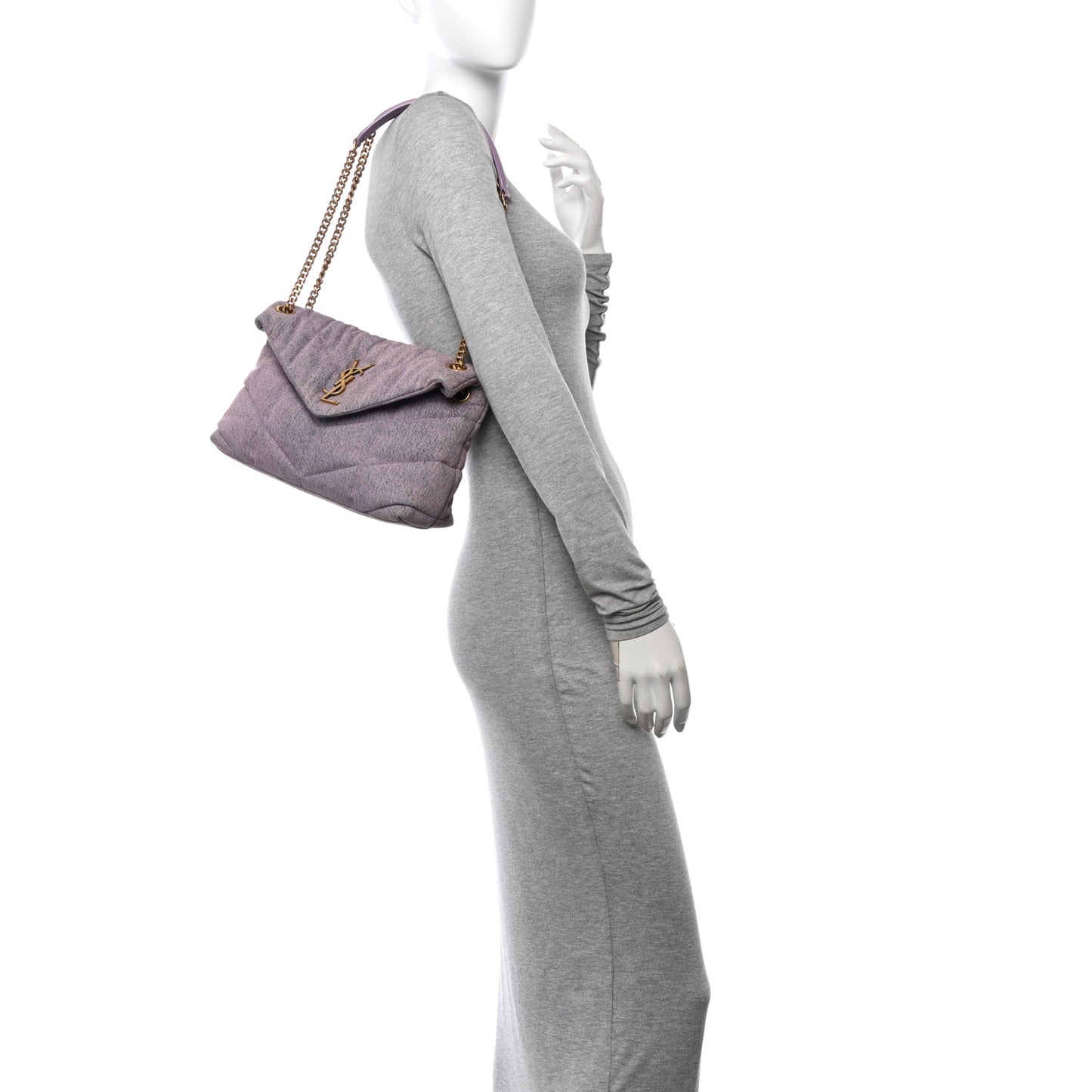 Denim Quilted Small Loulou Puffer Monogram Chain Satchel Bleached Lilac