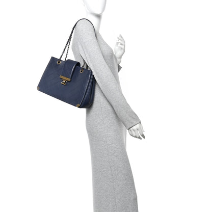 Chanel Lambskin Stitched Medium Around The Corner Shopping Tote Deep Marine 2 of 10