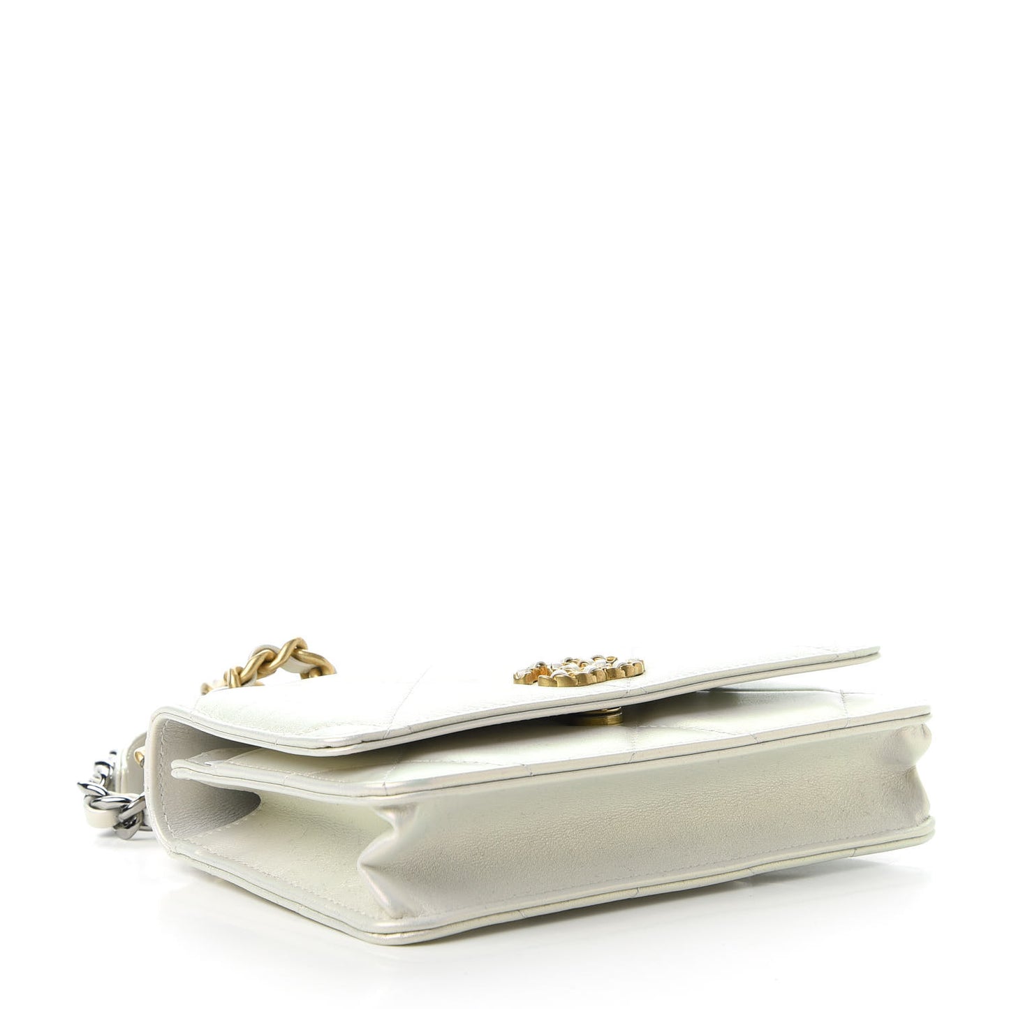 Iridescent Calfskin Quilted Chanel 19 Wallet On Chain WOC White