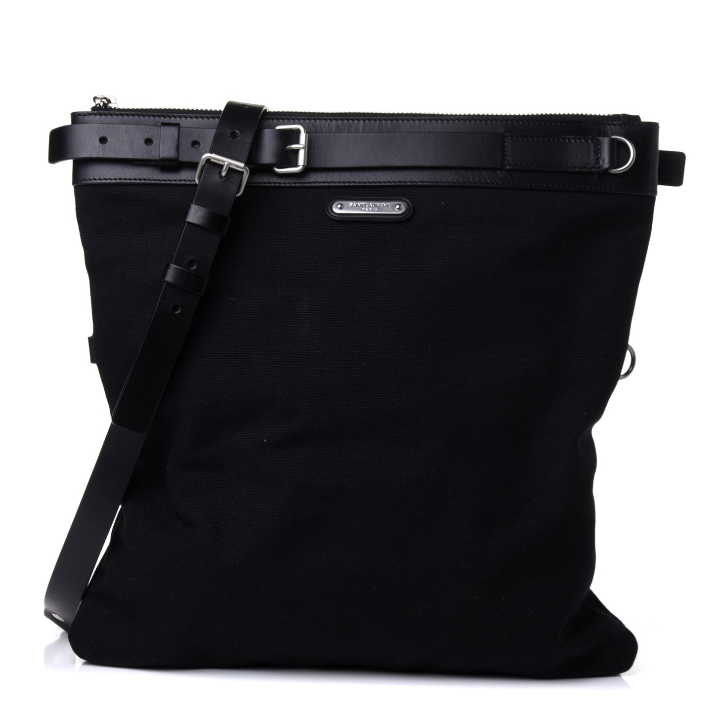 Canvas Calfskin Belted Flat Messenger Bag Black