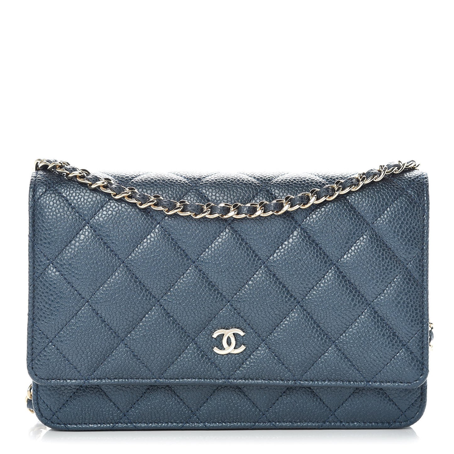 Iridescent Caviar Quilted Wallet On Chain WOC Blue