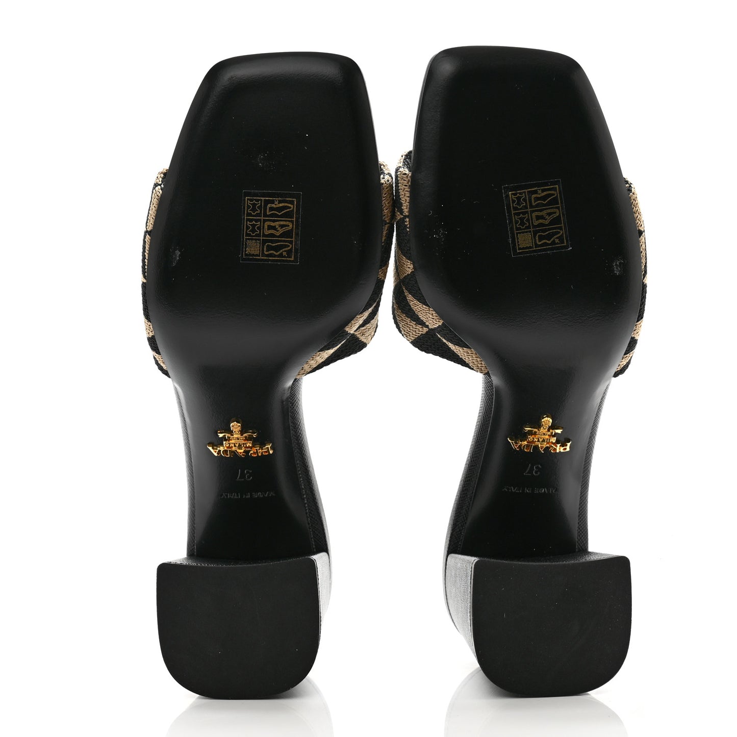 Jacquard Trianglolo Symbole Embroidered Metal Triangle Logo 65mm Block Heel Slide Sandals 37 Black Beige
