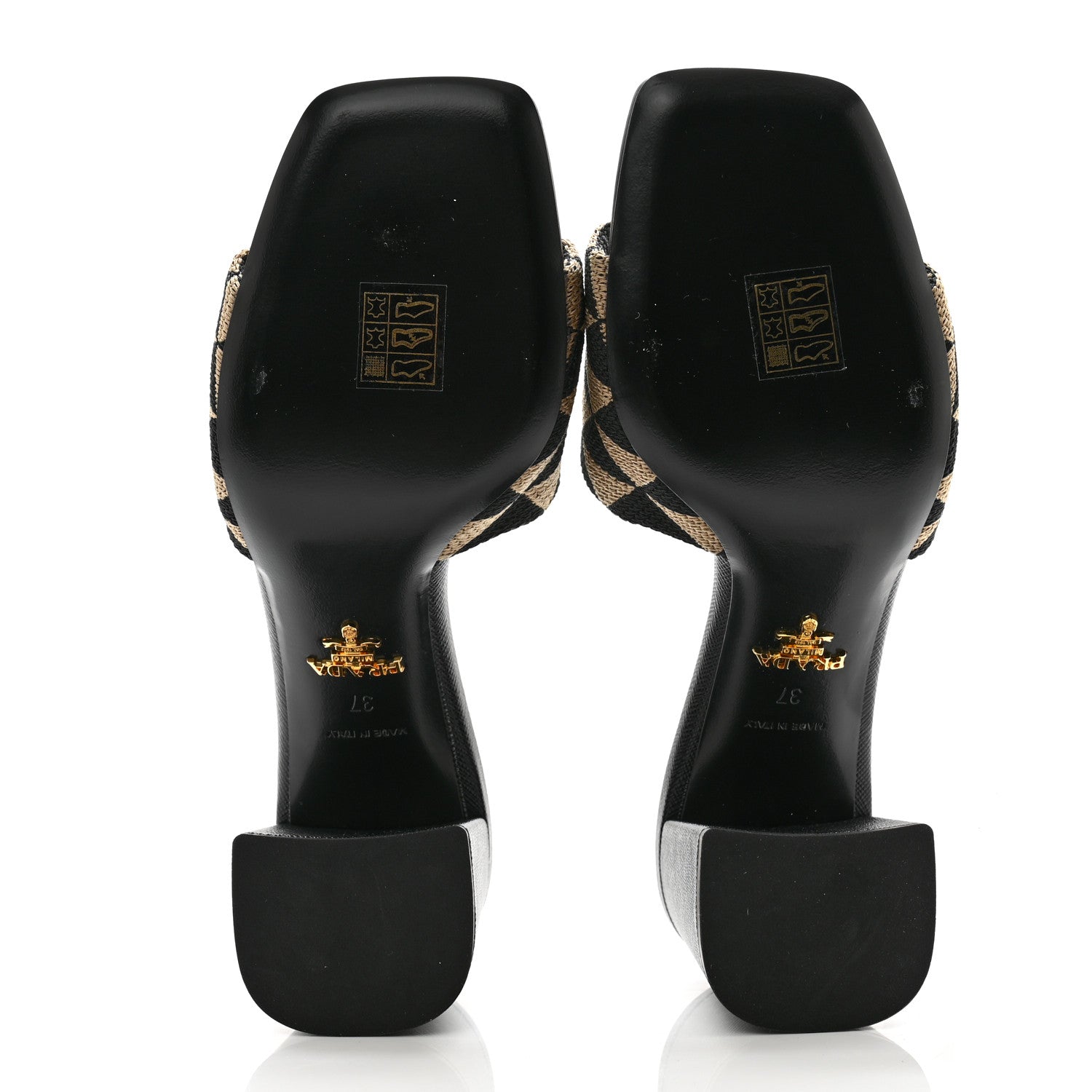 Prada Jacquard Trianglolo Symbole Embroidered Metal Triangle Logo 65mm Block Heel Slide Sandals 37 Black Beige 5 of 7