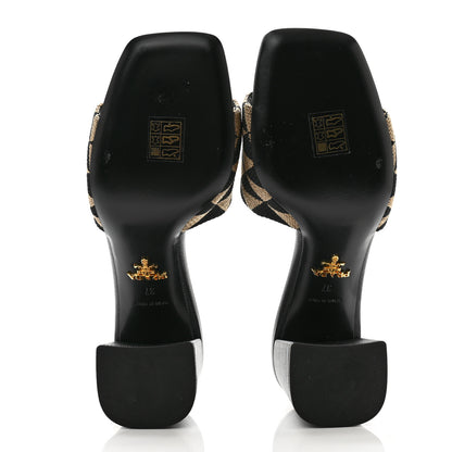 Prada Jacquard Trianglolo Symbole Embroidered Metal Triangle Logo 65mm Block Heel Slide Sandals 37 Black Beige 5 of 7