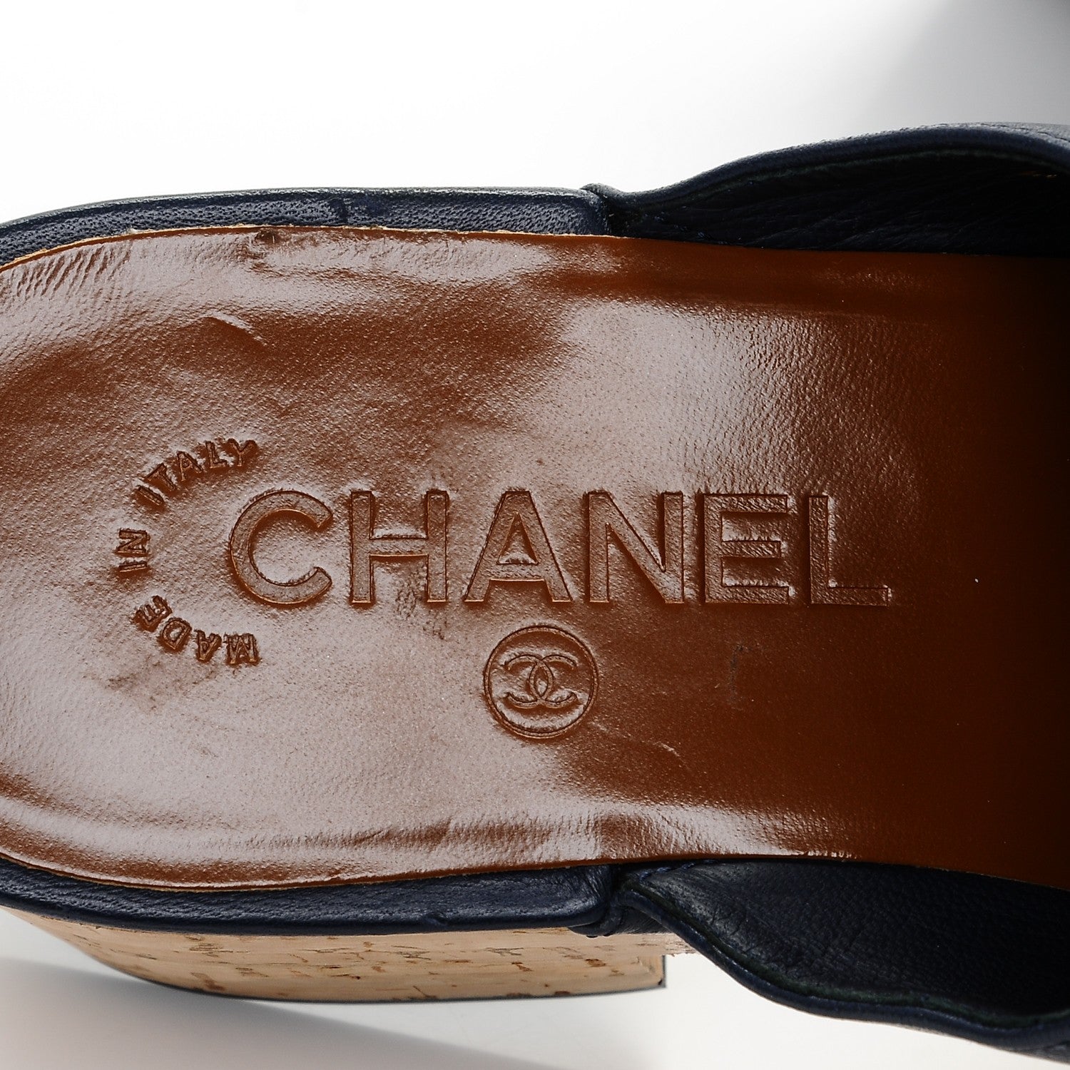 Chanel Glazed Calfskin Cork Cap Toe Platform Mules 37.5 Navy Black 7 of 7
