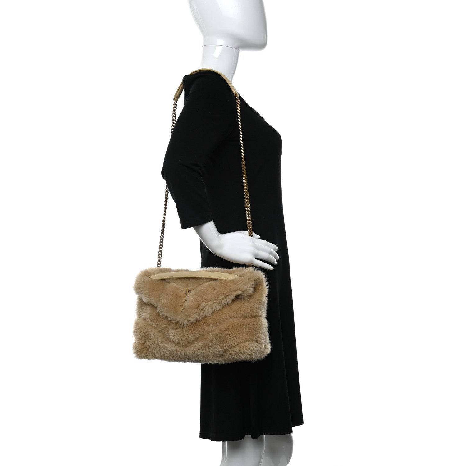 Saint Laurent Merino Shearling Lambskin Quilted Small Loulou Puffer Monogram Chain Satchel Natural Beige 2 of 11