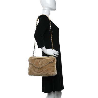 Saint Laurent Merino Shearling Lambskin Quilted Small Loulou Puffer Monogram Chain Satchel Natural Beige 2 of 11