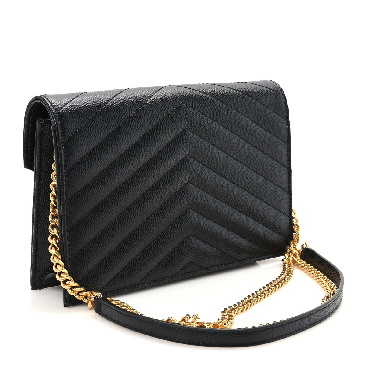 Grain De Poudre Matelasse Chevron Monogram Envelope Chain Wallet Black