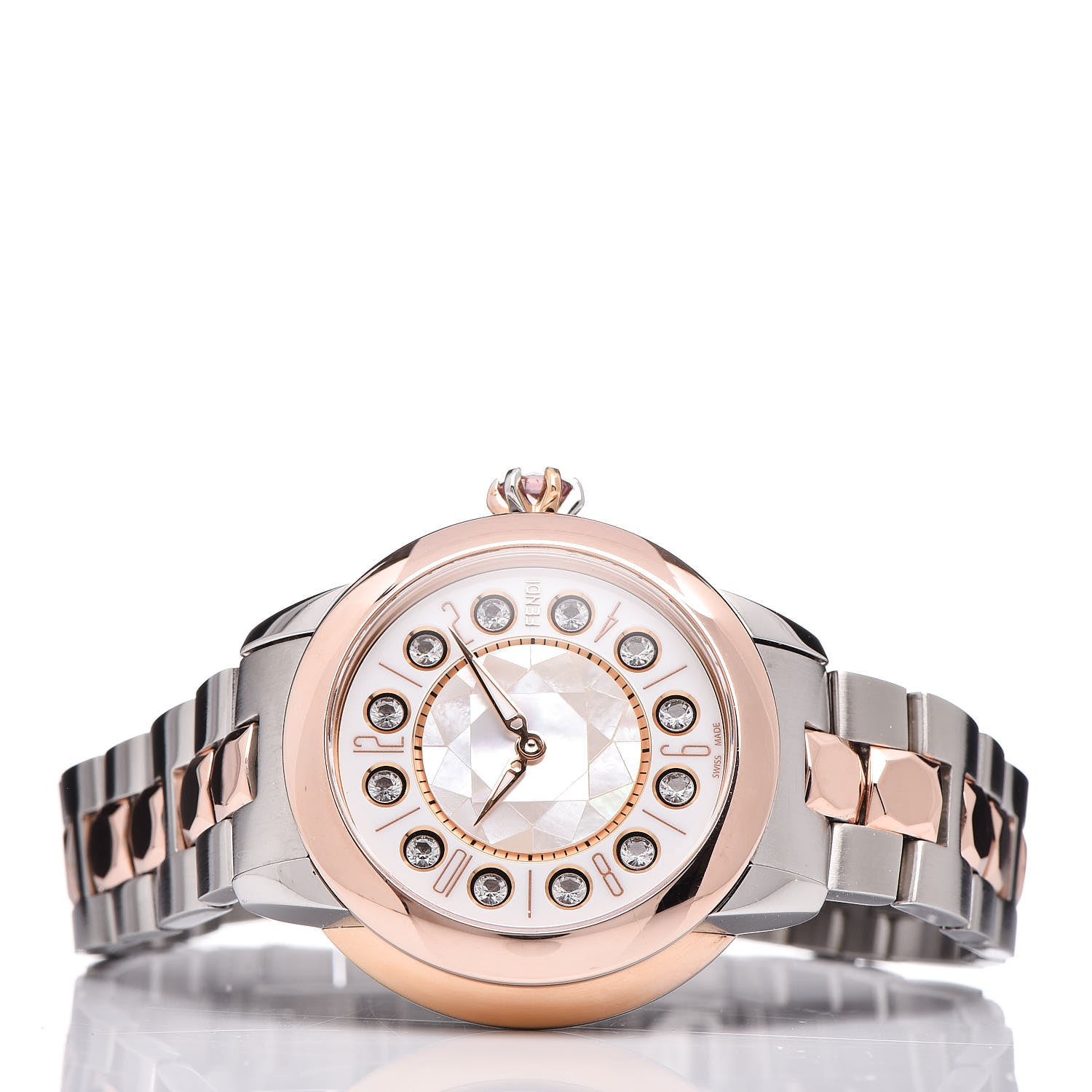 Fendi Stainless Steel Mother of Pearl Topaz Spinel 33mm Ishine Rotating Gem Two Tone Quartz Watch 5 of 9