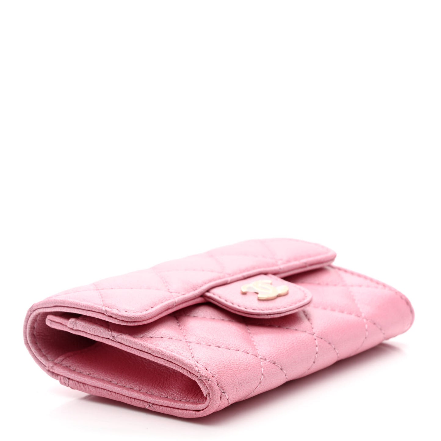 Cloudy Pearly Goatskin Quilted Flap Card Holder Wallet Light Pink