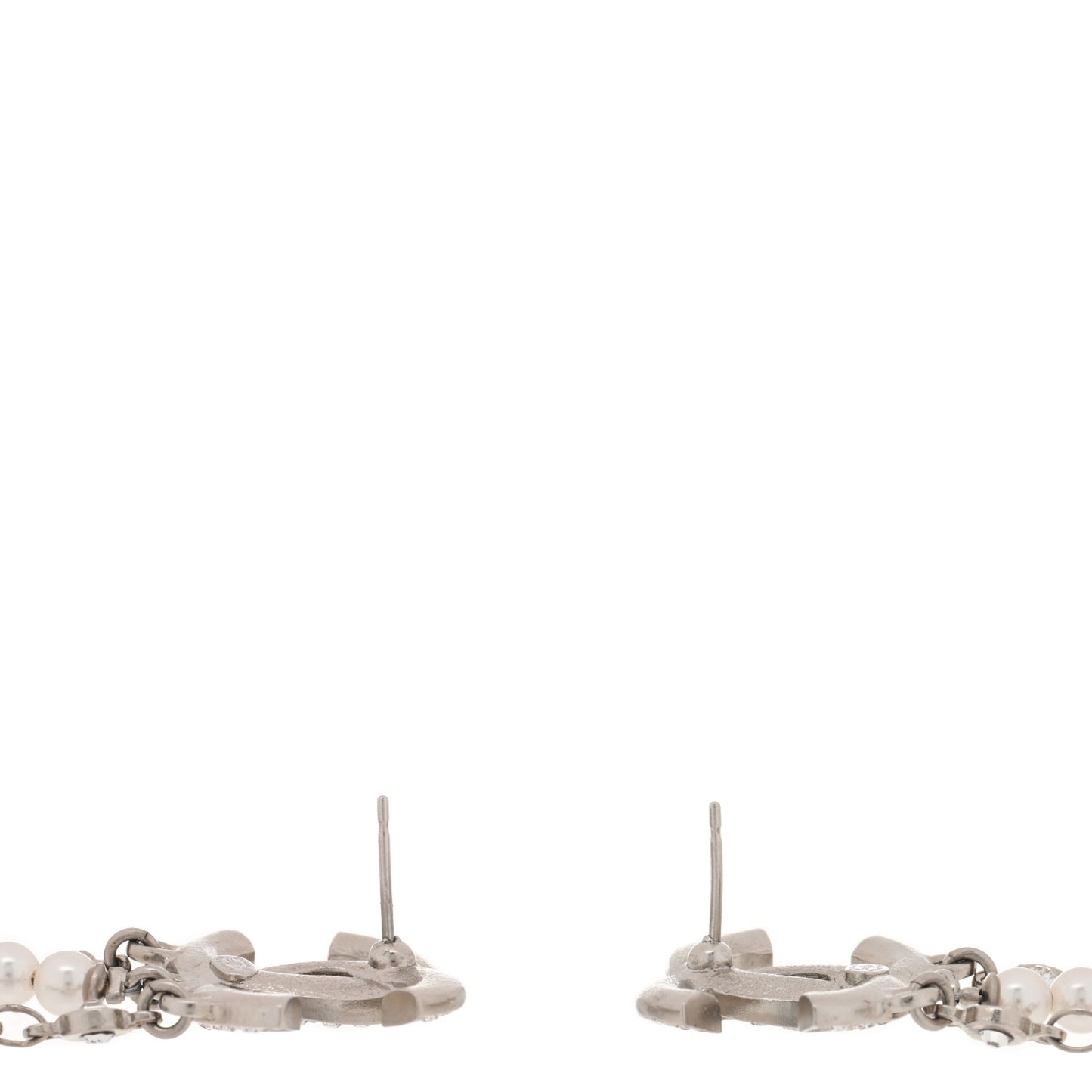Pearl Crystal CC Chain Drop Earrings Silver