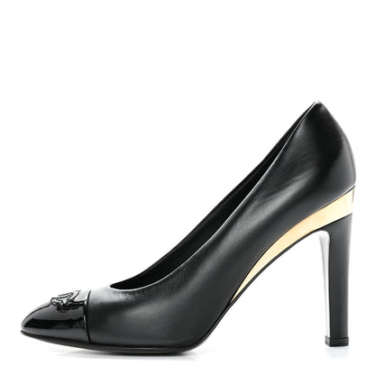 Chanel Lambskin Patent Metal Cap Toe CC Pumps 37.5 Black Gold 1 of 11