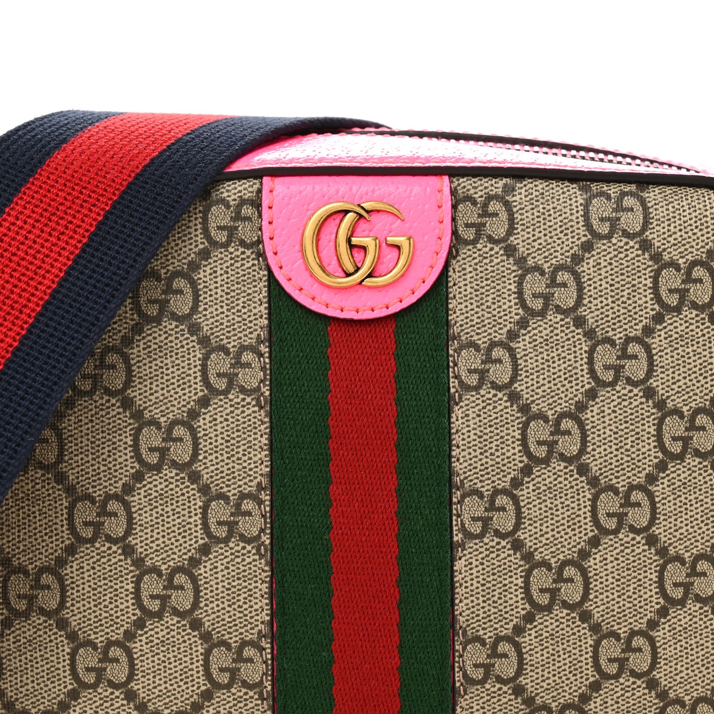 GG Supreme Monogram Textured Dollar Calfskin Web Ophidia Small Crossbody Bag Beige Ebony Fuchsia
