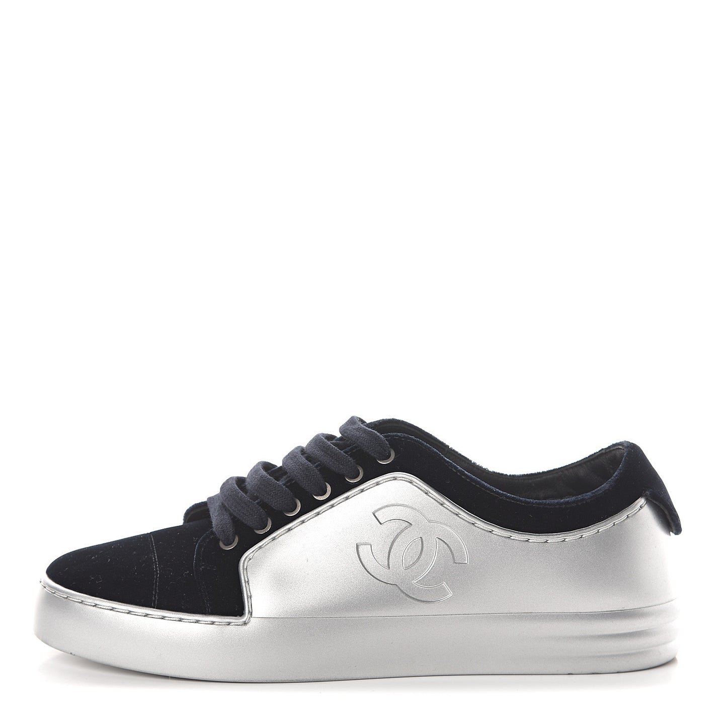 Calfskin Velvet Womens CC Sneakers 36.5 Silver Navy