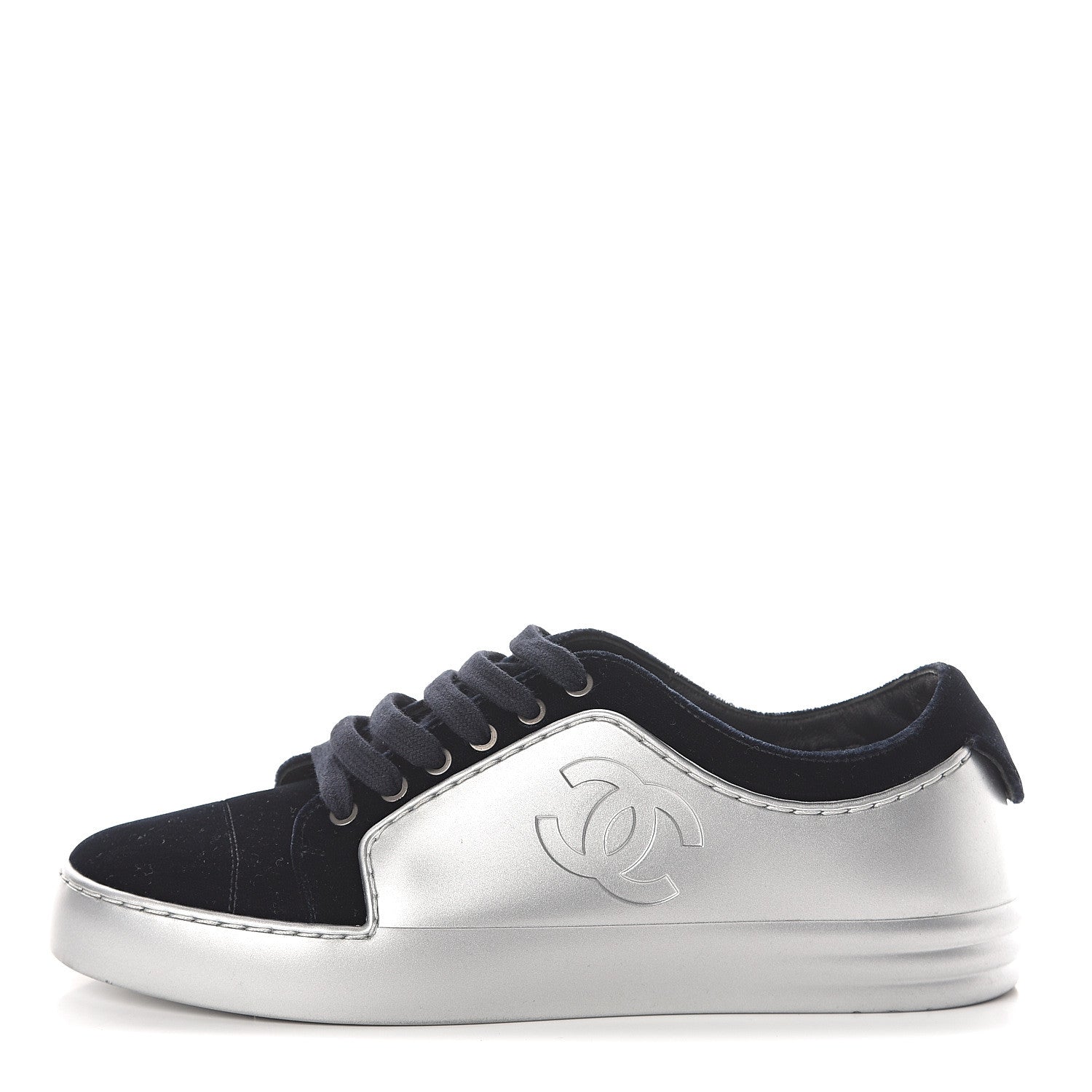 Chanel Calfskin Velvet Womens CC Sneakers 36.5 Silver Navy 1 of 7