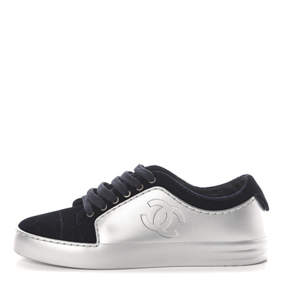 Chanel Calfskin Velvet Womens CC Sneakers 36.5 Silver Navy 1 of 7
