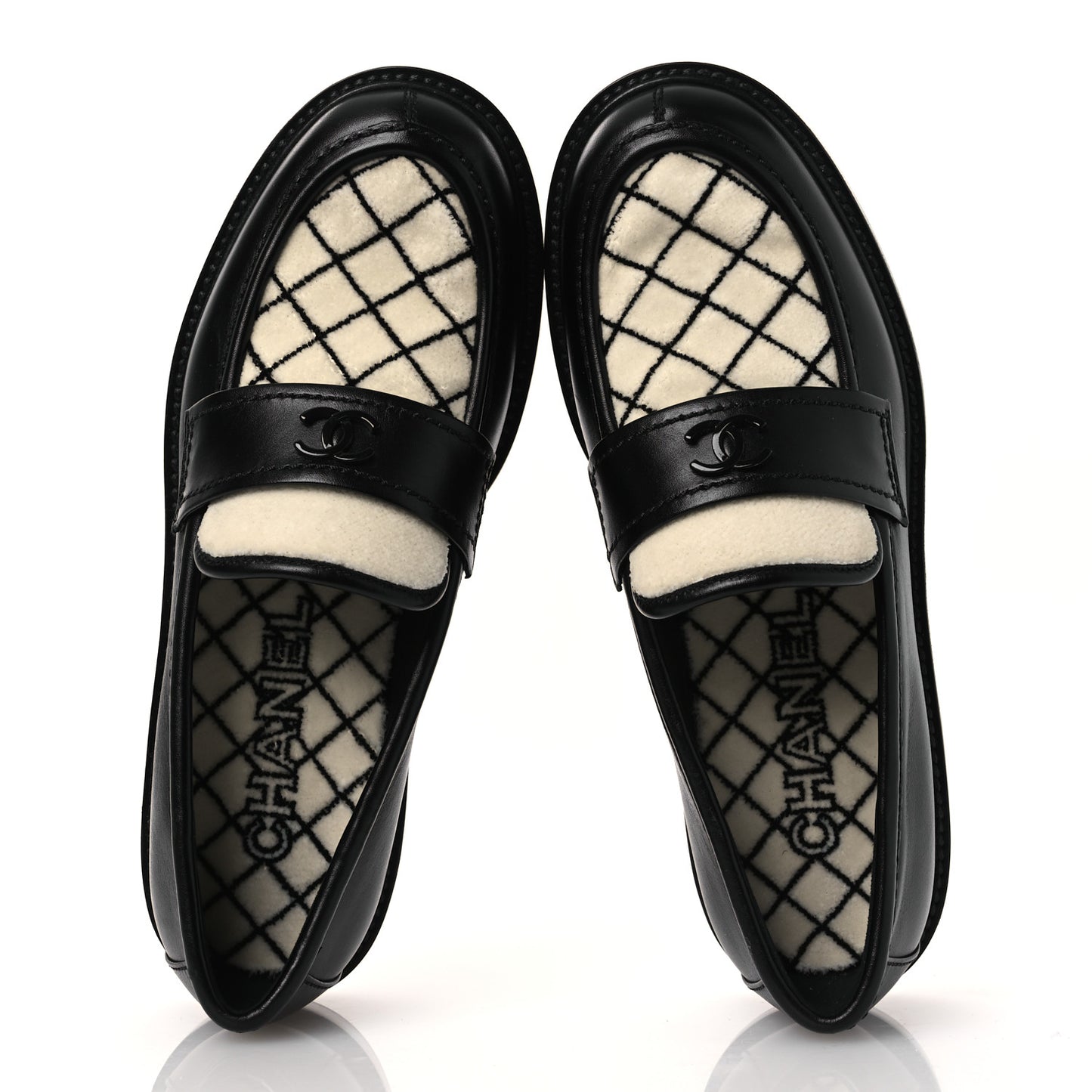 Calfskin Fabric Embroidered Quilted CC Loafers 37 Ivory Black