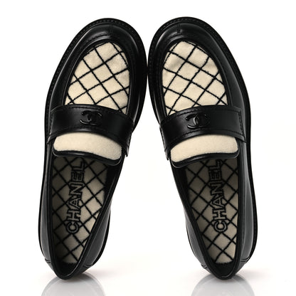 Chanel Calfskin Fabric Embroidered Quilted CC Loafers 37 Ivory Black 2 of 11