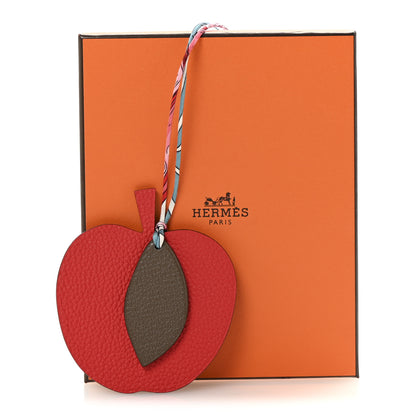 Hermes Taurillon Clemence Chevre Mysore Silk Petit H Apple Leaf Bag Charm Rouge Multicolor 5 of 5
