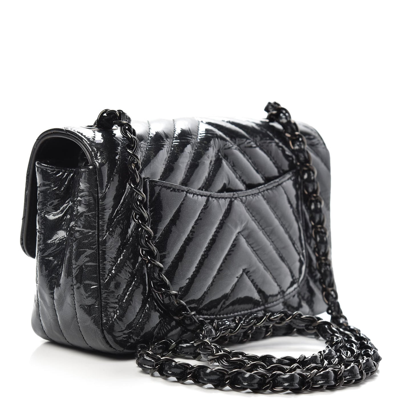 Patent Metallic Crumpled Calfskin Chevron Quilted Mini Rectangular Flap So Black