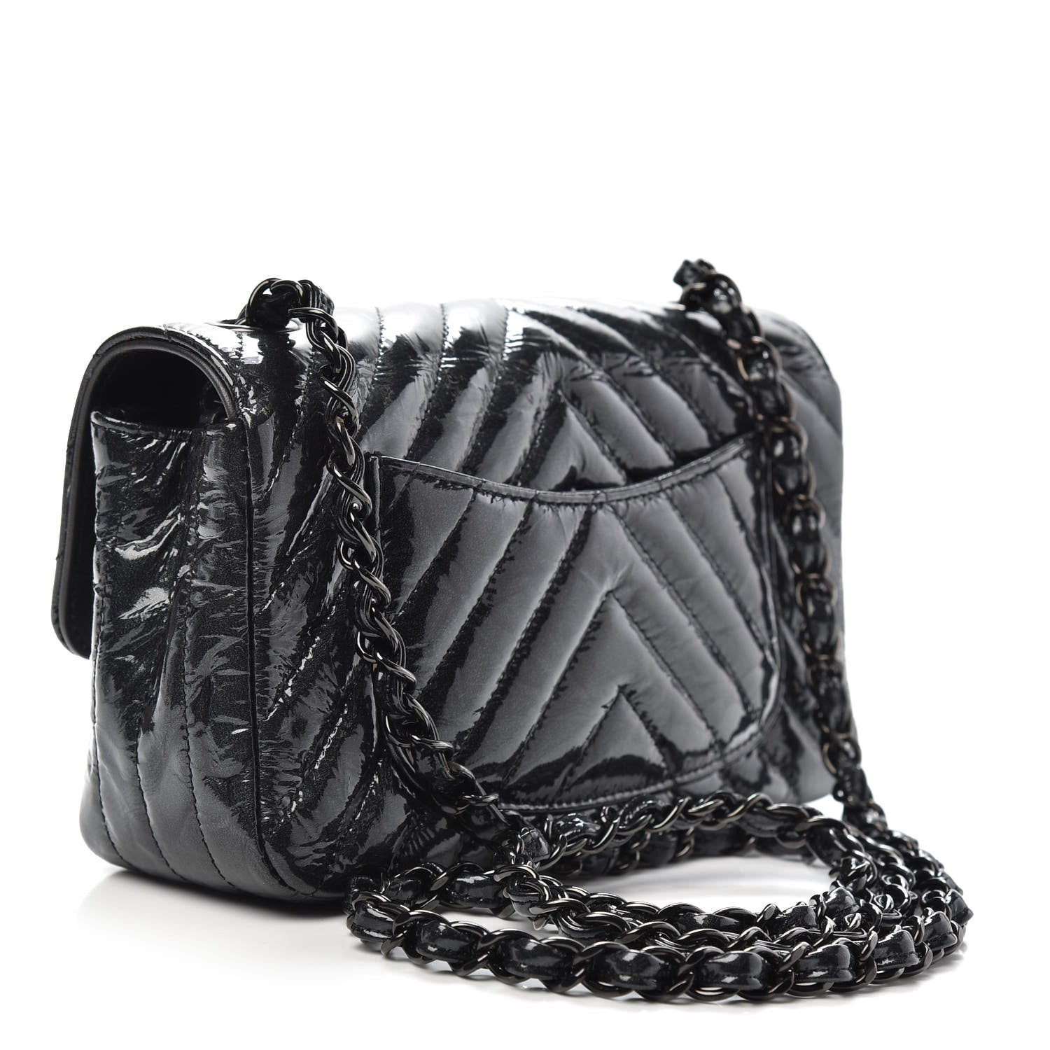 Chanel Patent Metallic Crumpled Calfskin Chevron Quilted Mini Rectangular Flap So Black 3 of 12
