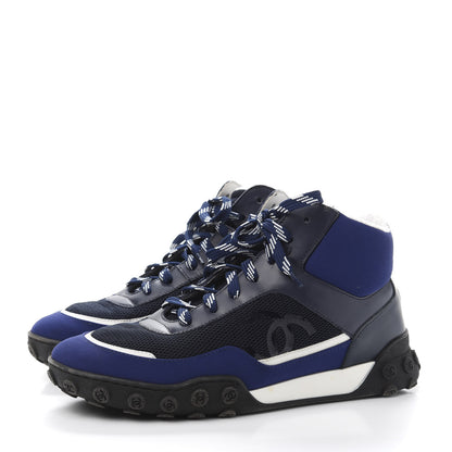 Chanel Calfskin Mesh Lycra Womens Logo High Top Sneakers 36.5 Blue 3 of 10