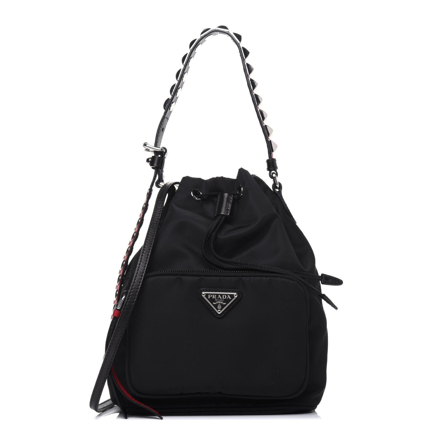 Prada Tessuto Nylon Studded New Vela Mini Bucket Crossbody Bag Black Fuoco 1 of 10