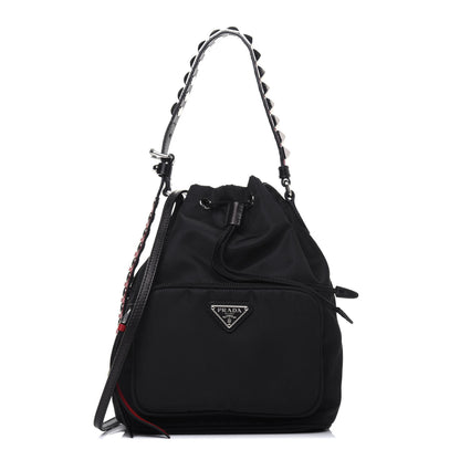 Prada Tessuto Nylon Studded New Vela Mini Bucket Crossbody Bag Black Fuoco 1 of 10