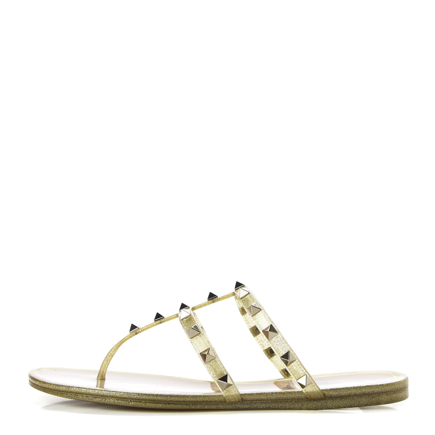 Valentino Garavani PVC Jelly Glitter Rockstud Caged Flat Thong Sandals 40 Oro 1 of 9