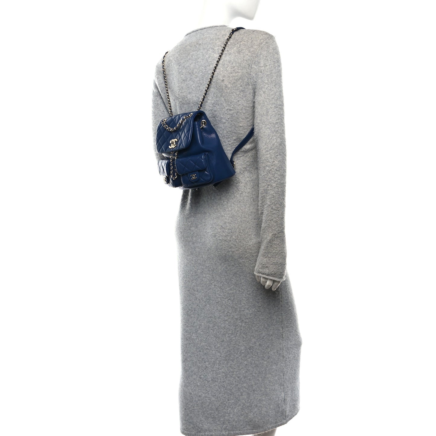 Shiny Caviar Quilted Medium Duma Pockets Drawstring Backpack Dark Blue