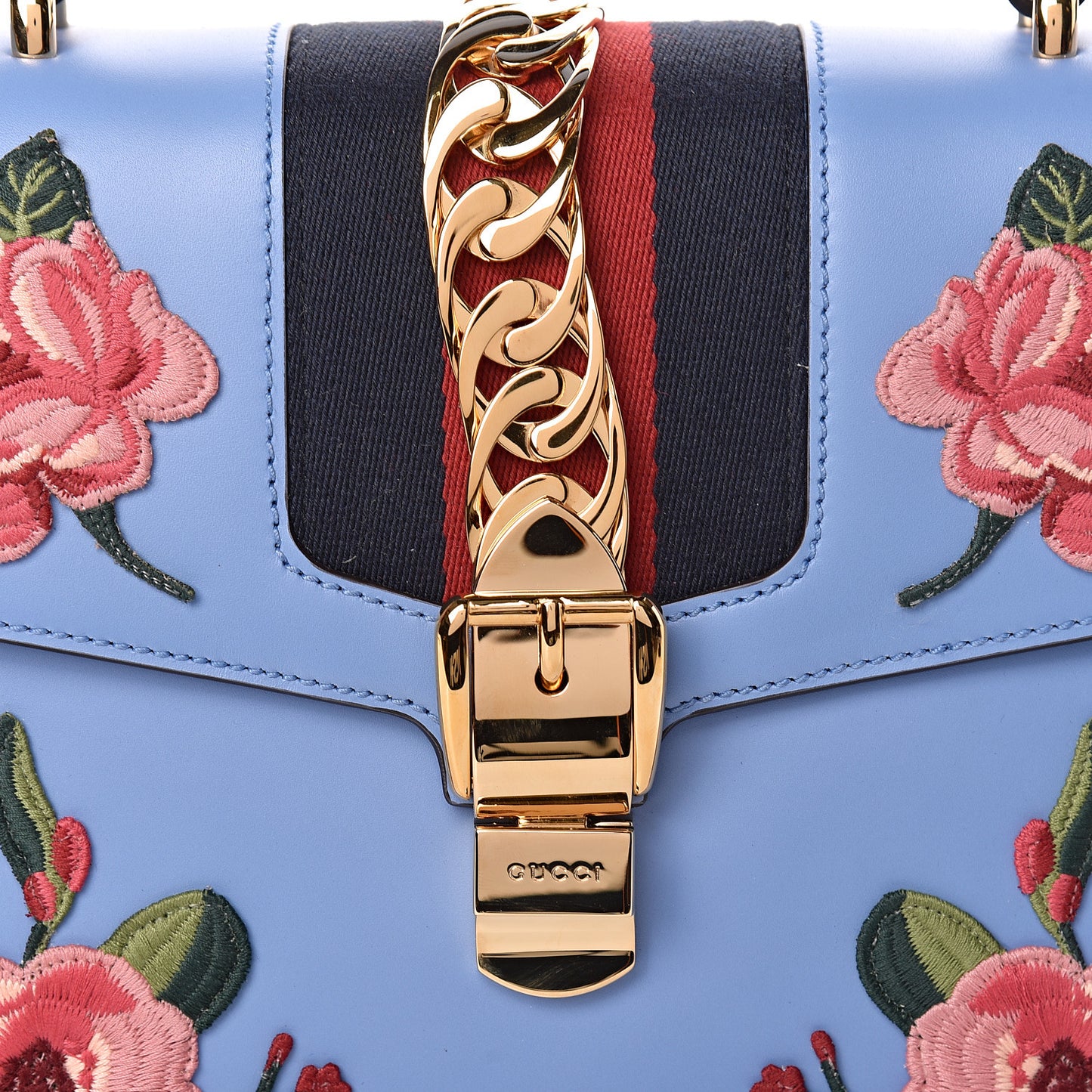 Calfskin Embroidered Medium Sylvie Top Handle Bag Clear Sky Blue