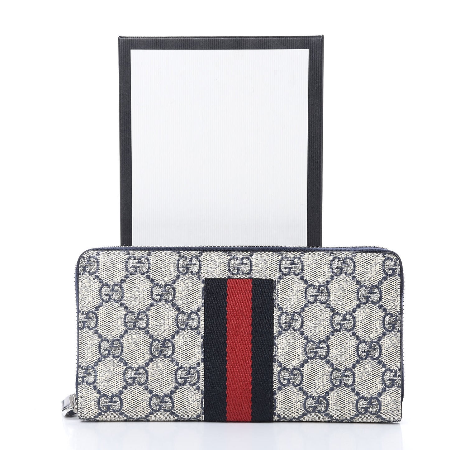 GG Supreme Monogram Web Zip Around Wallet Beige Blue