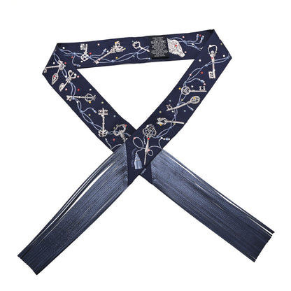 Hermes Silk Metallic Agneau Les Cles A Pois Fringed Twilly Bleu Marine Gris Argent Multicolor 1 of 4
