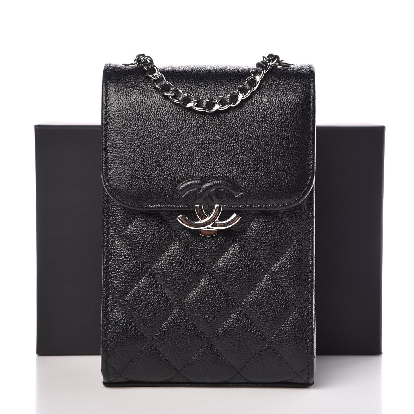 Grained Calfskin Quilted CC Box Clutch With Chain Black