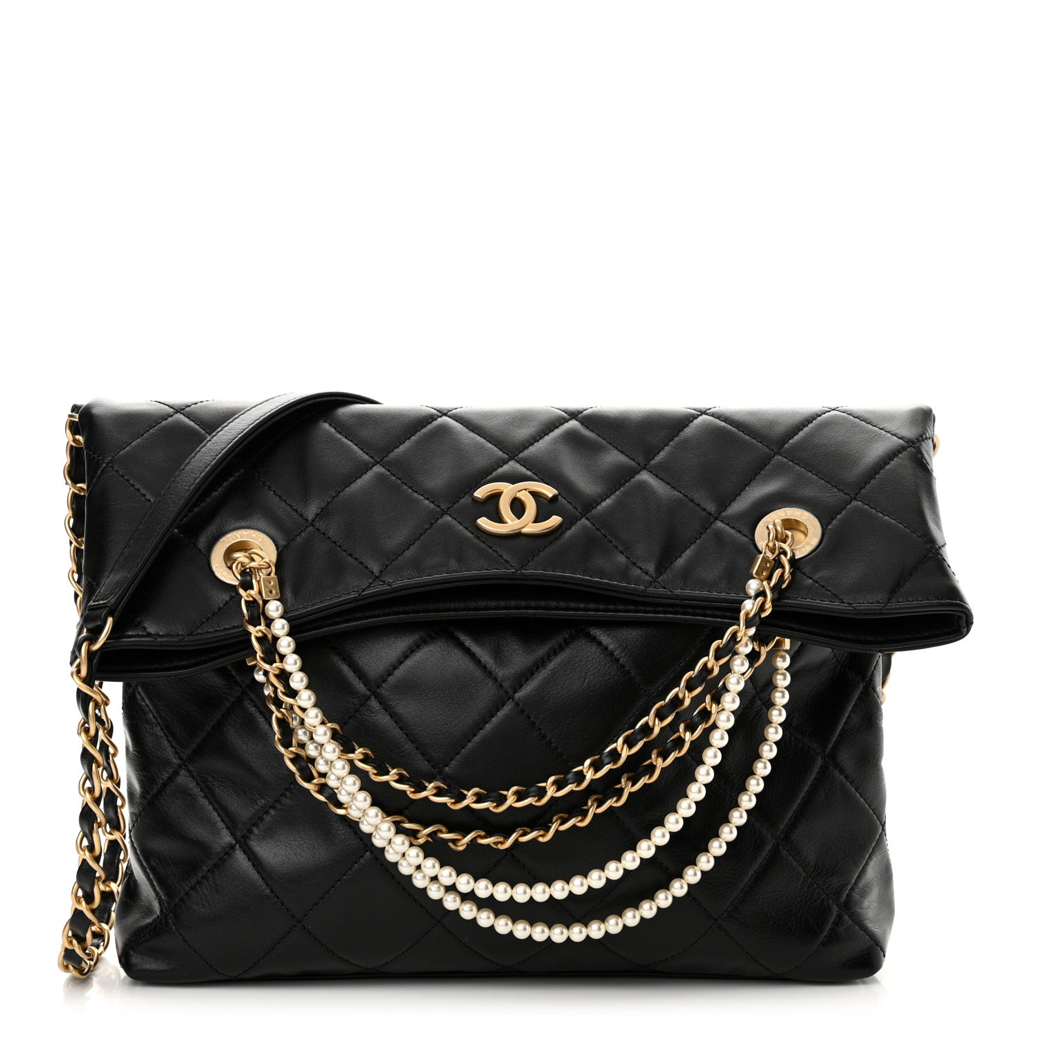 Chanel Calfskin Quilted Crystal Pearls Fold Over Shopping Tote Black 1 of 11