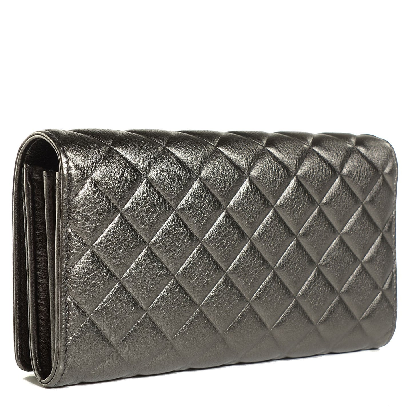 Calfskin Quilted Diamond CC Large Gusset Flap Wallet Dark Silver