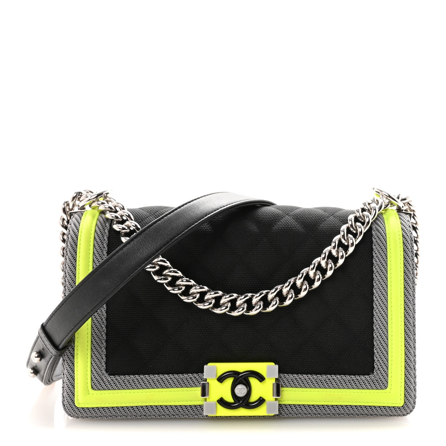 Chanel Canvas Quilted Medium Fluo Boy Flap Black Grey Yellow 1 of 11
