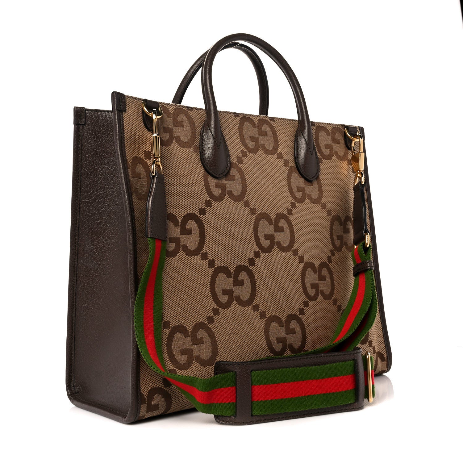 Gucci Monogram Jumbo GG Textured Dollar Calfskin Web Tote Bag Camel Ebony New Acero 2 of 7