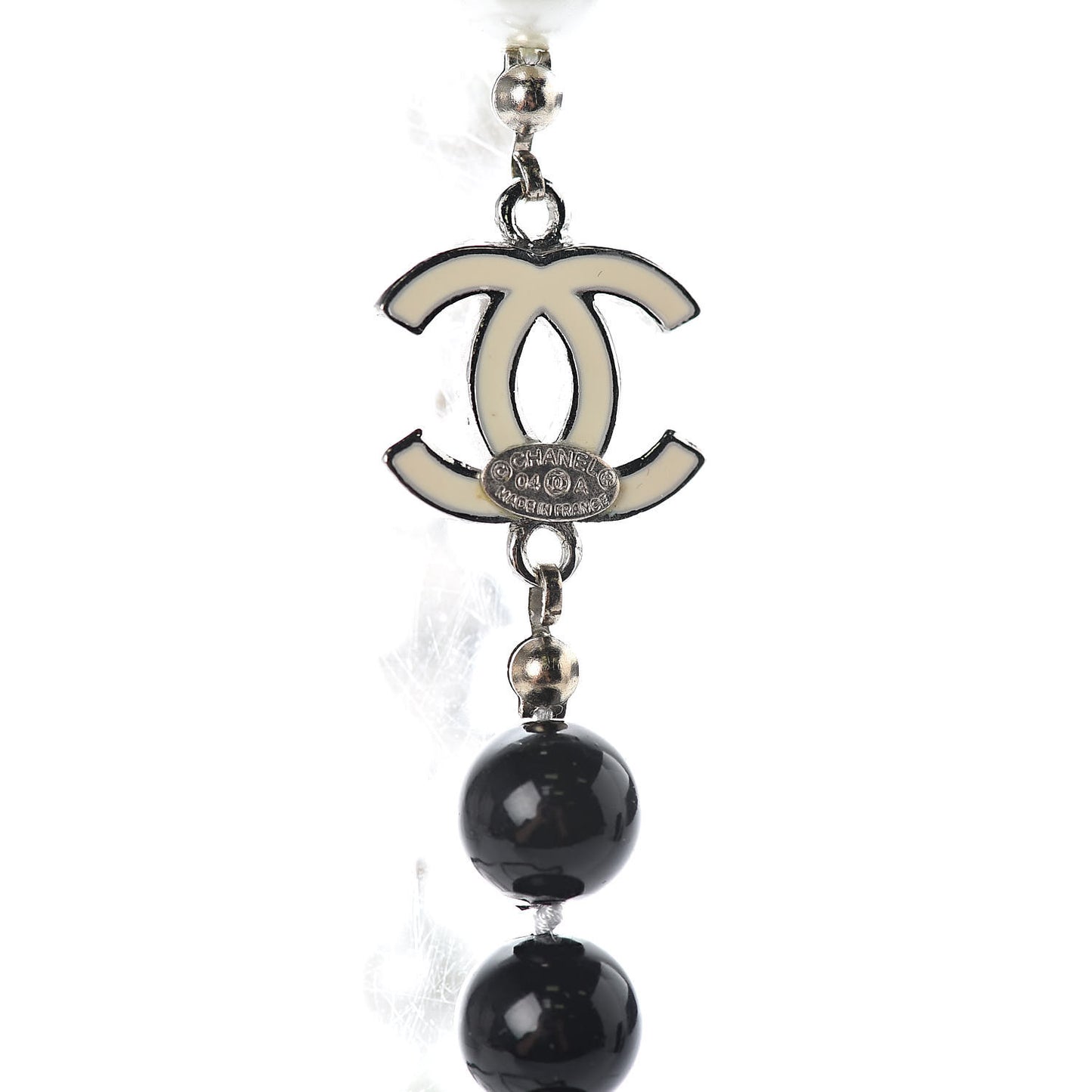 Pearl Beaded Enamel CC Long Necklace Black White