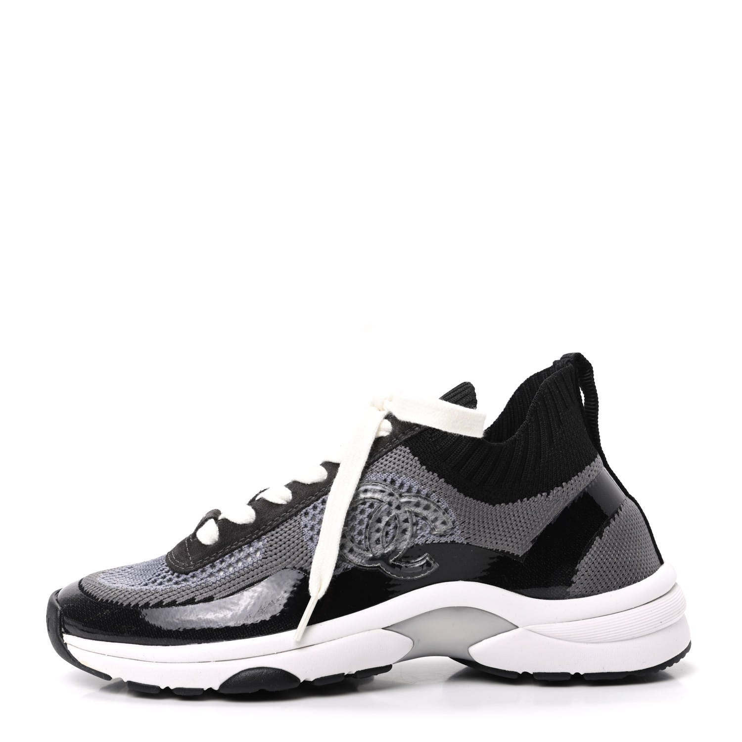 Chanel Fabric Calfskin Suede CC Womens Sneakers 35 Black Grey 1 of 8