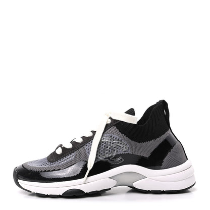Chanel Fabric Calfskin Suede CC Womens Sneakers 35 Black Grey 1 of 8