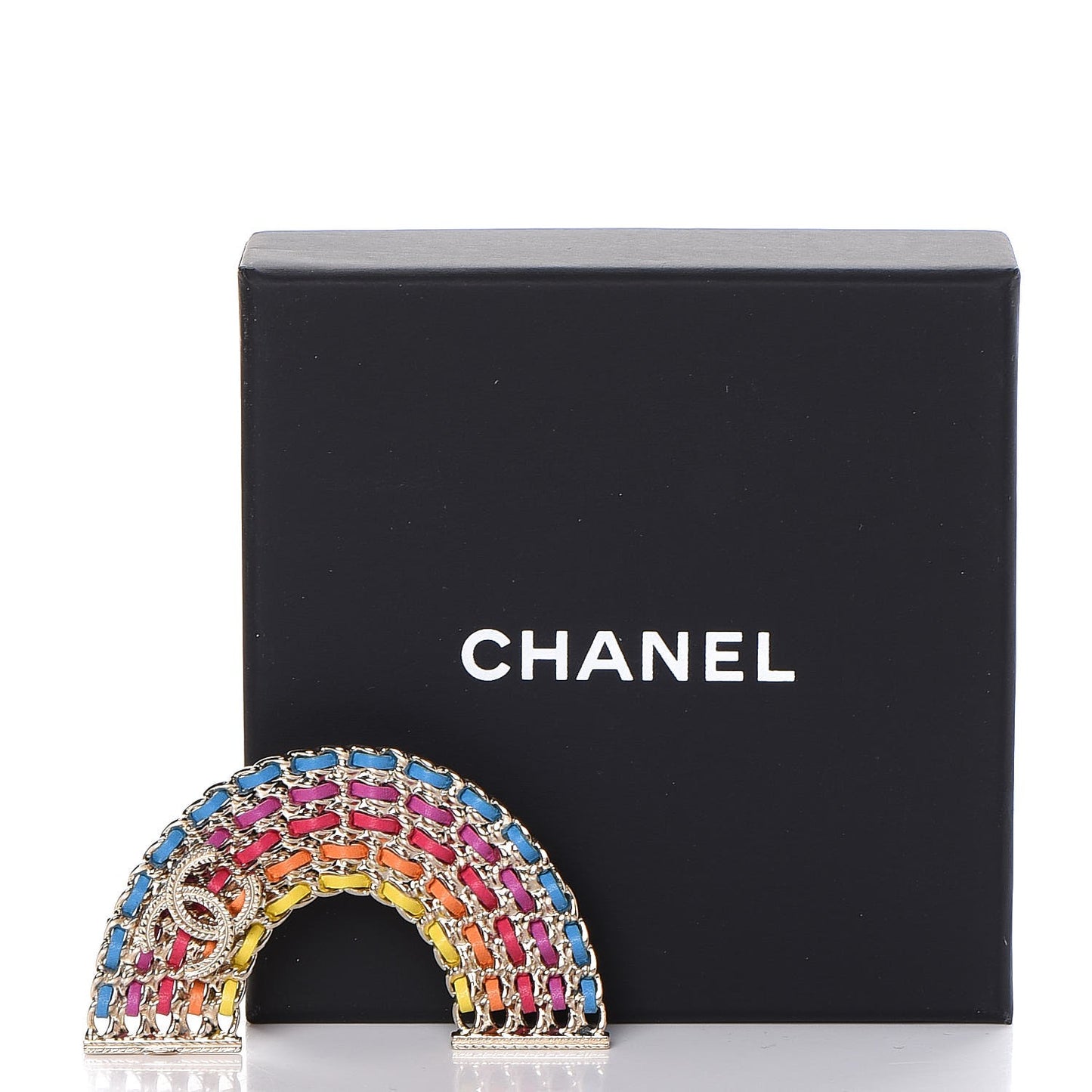 Lambskin Chain Rainbow CC Brooch Gold Multicolor