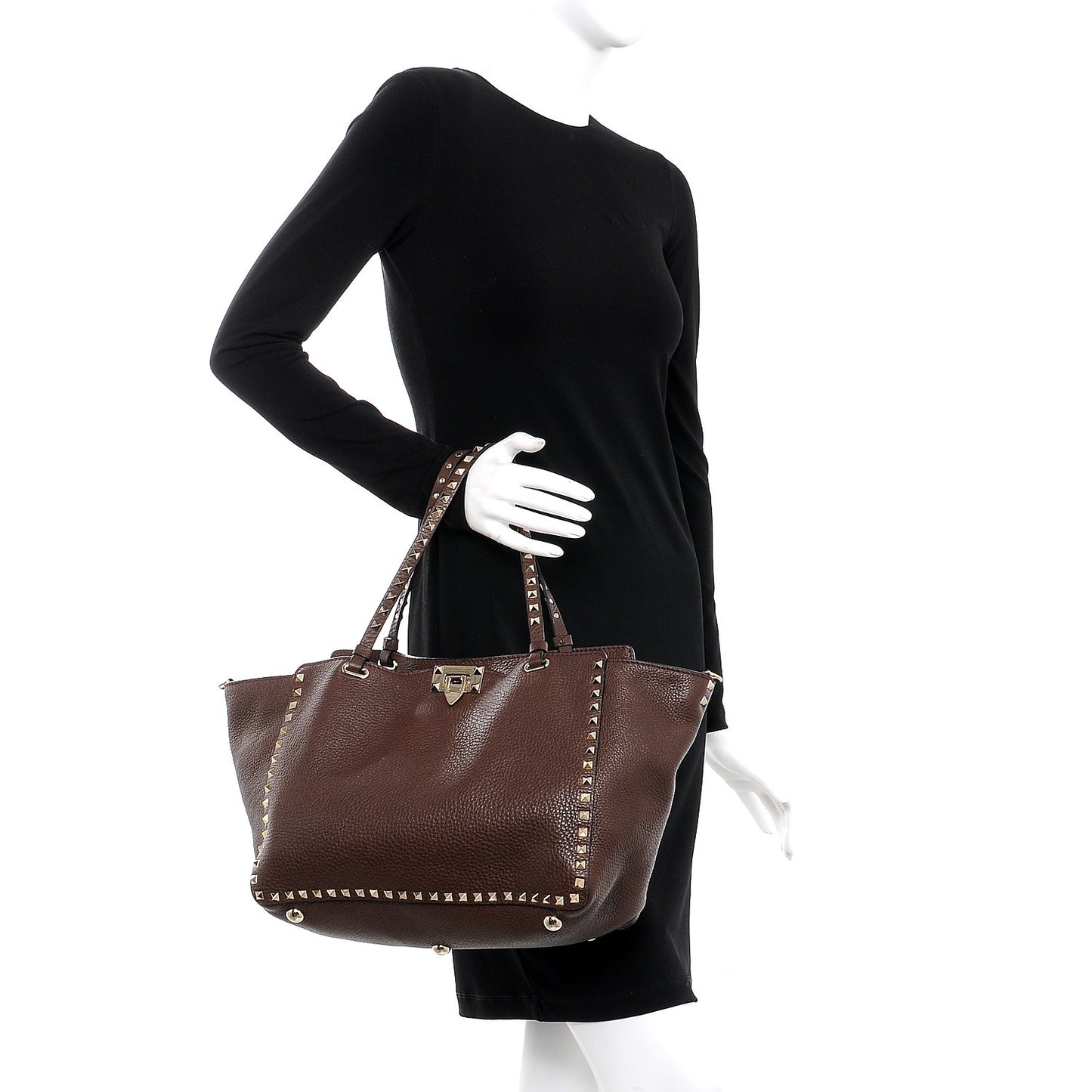 Pebbled Calfskin Medium Rockstud Tote Cacao
