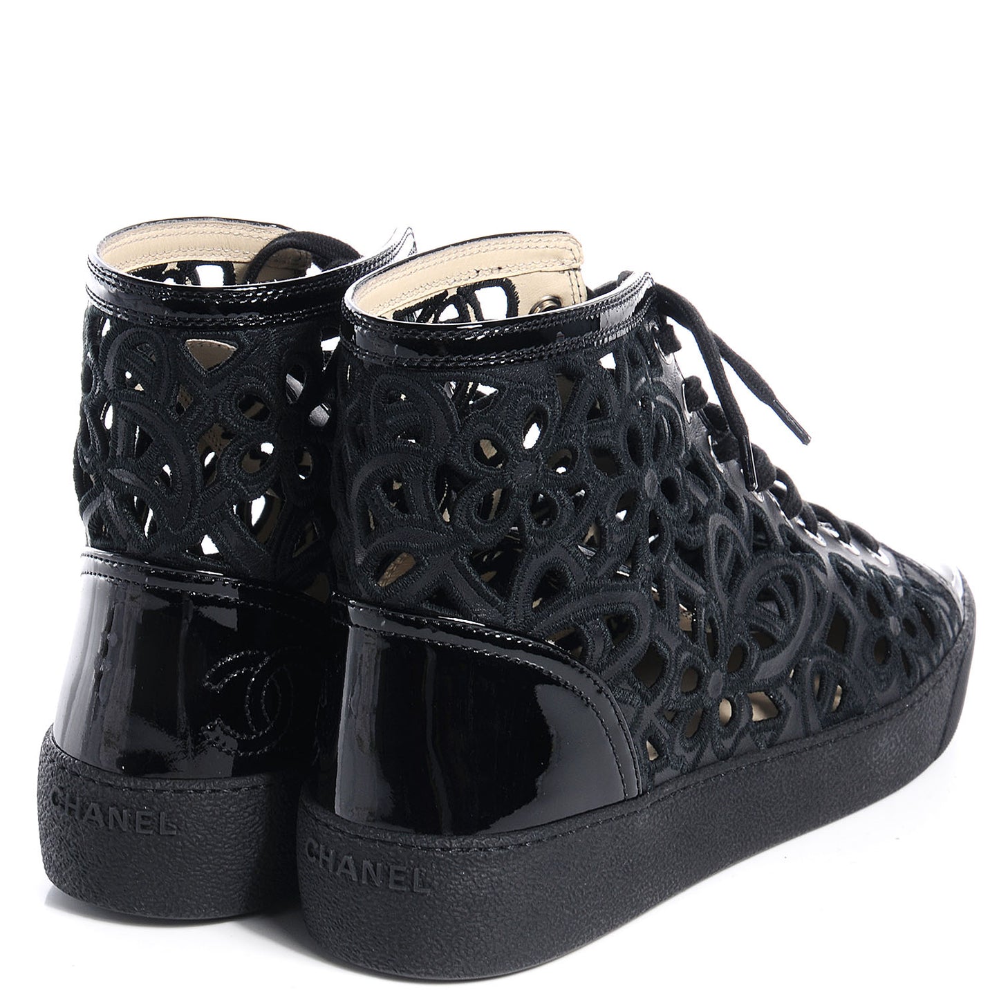 Patent Grained Goatskin Laser Cut Camellia High Tops 40 Black